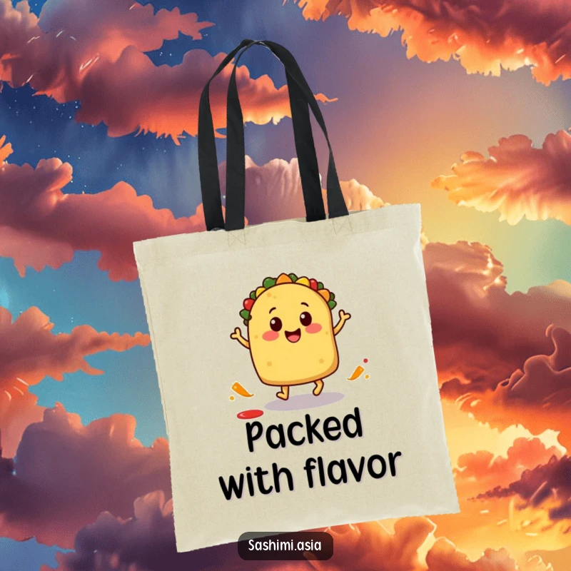 Smiling taco with little feet hopping and splashing salsa, a humorous and practical tote bag.