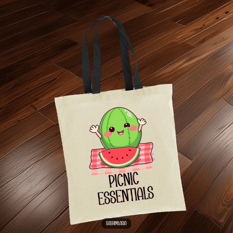 Happy watermelon slice with small arms waving energetically from a picnic blanket, a humorous and practical tote bag.